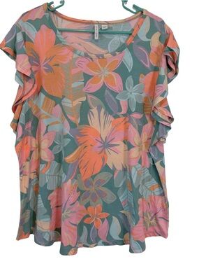 3/$20 Live Well Lifestyle Floral Ruffle Sleeve Shirt - Green/Pink/Coral